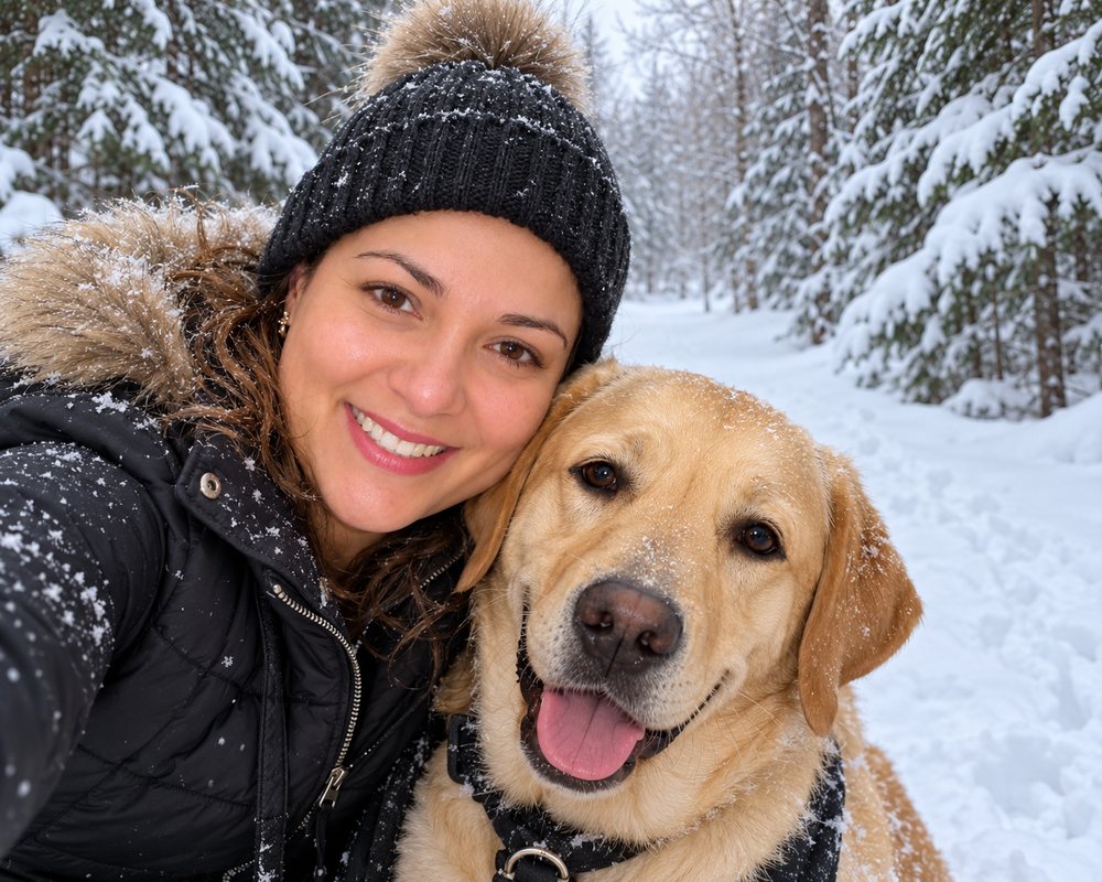 Liis Kuusk with her dog on a snowy trail